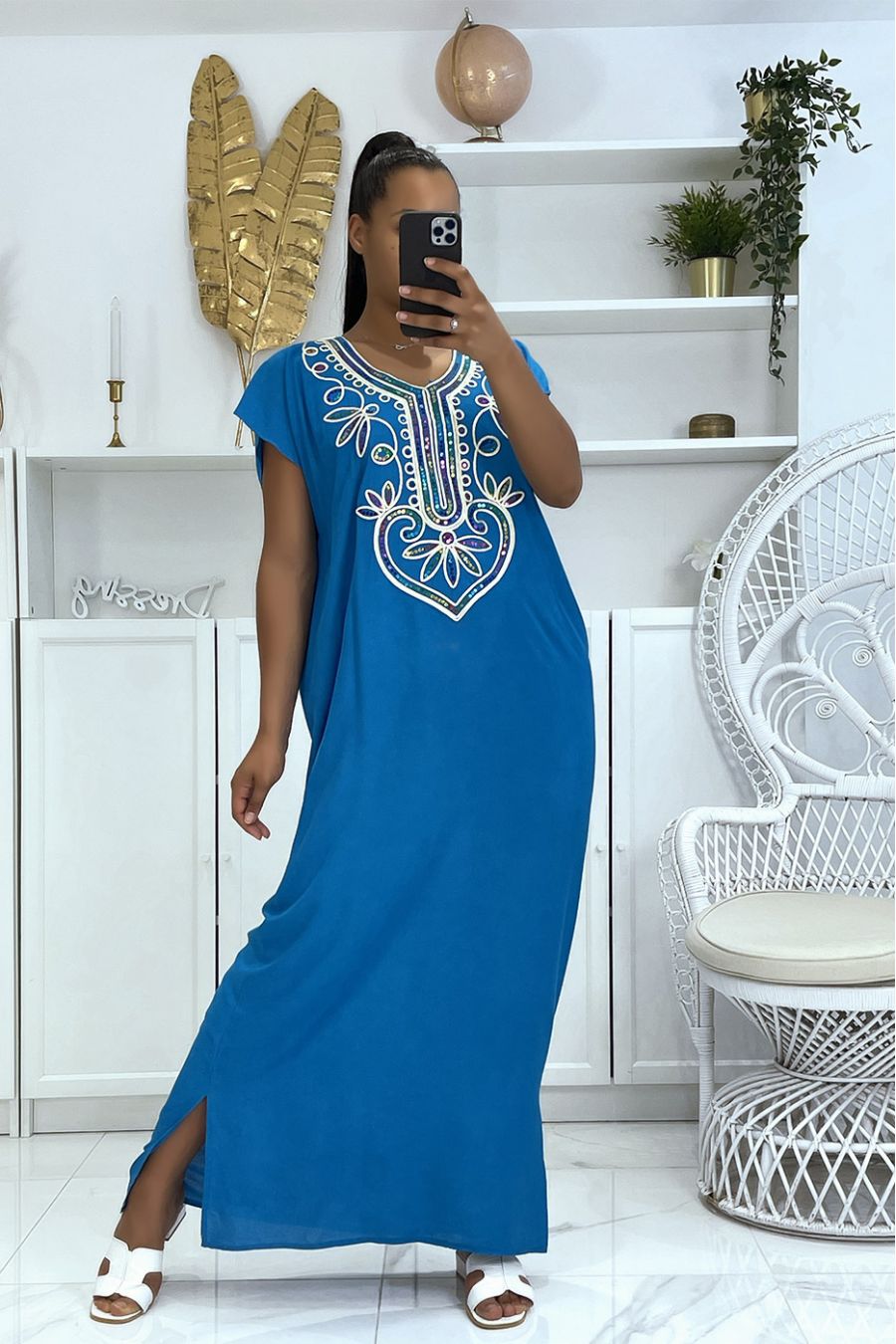 dresses Long blue djellaba with pretty oriental pattern adorned with rhinestones