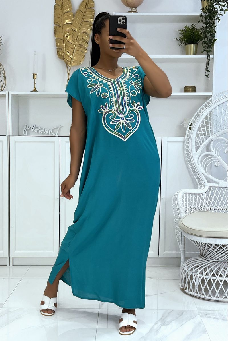 Long duck djellaba with pretty oriental pattern adorned with rhinestones - 1