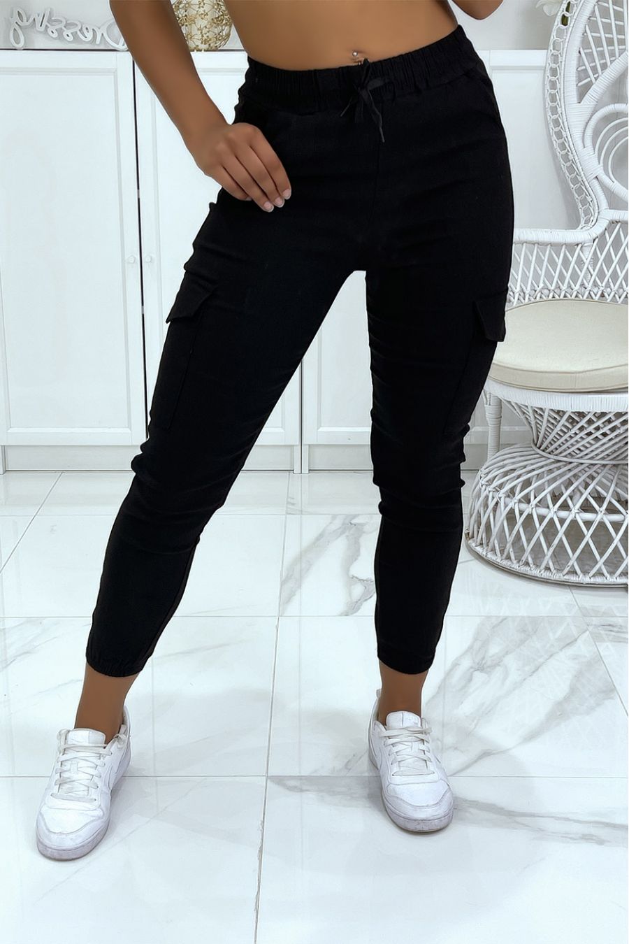 Pantalon cargo noir en stretch HL-478 - 1