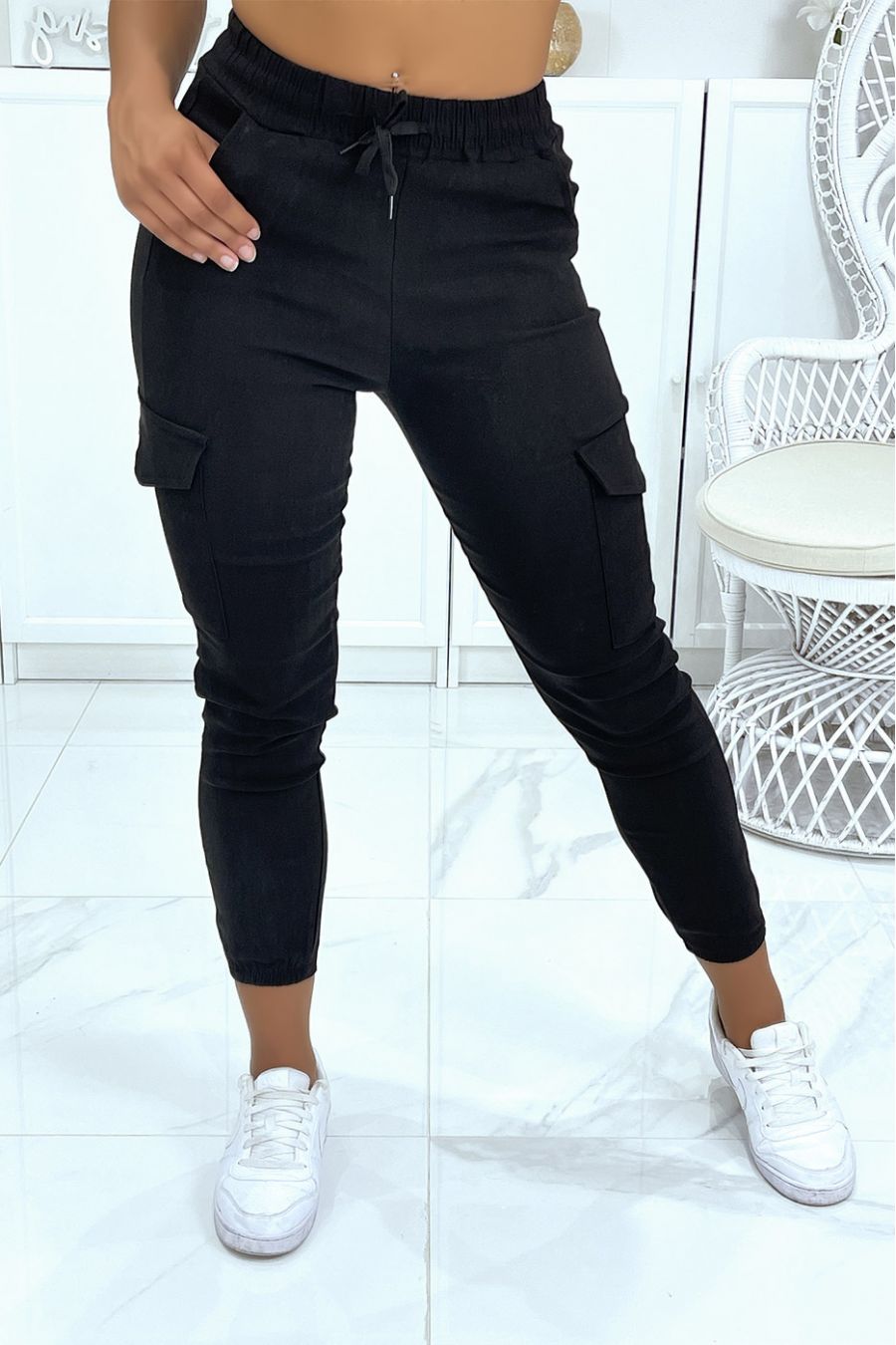 Pantalon cargo noir en stretch HL-478 - 4