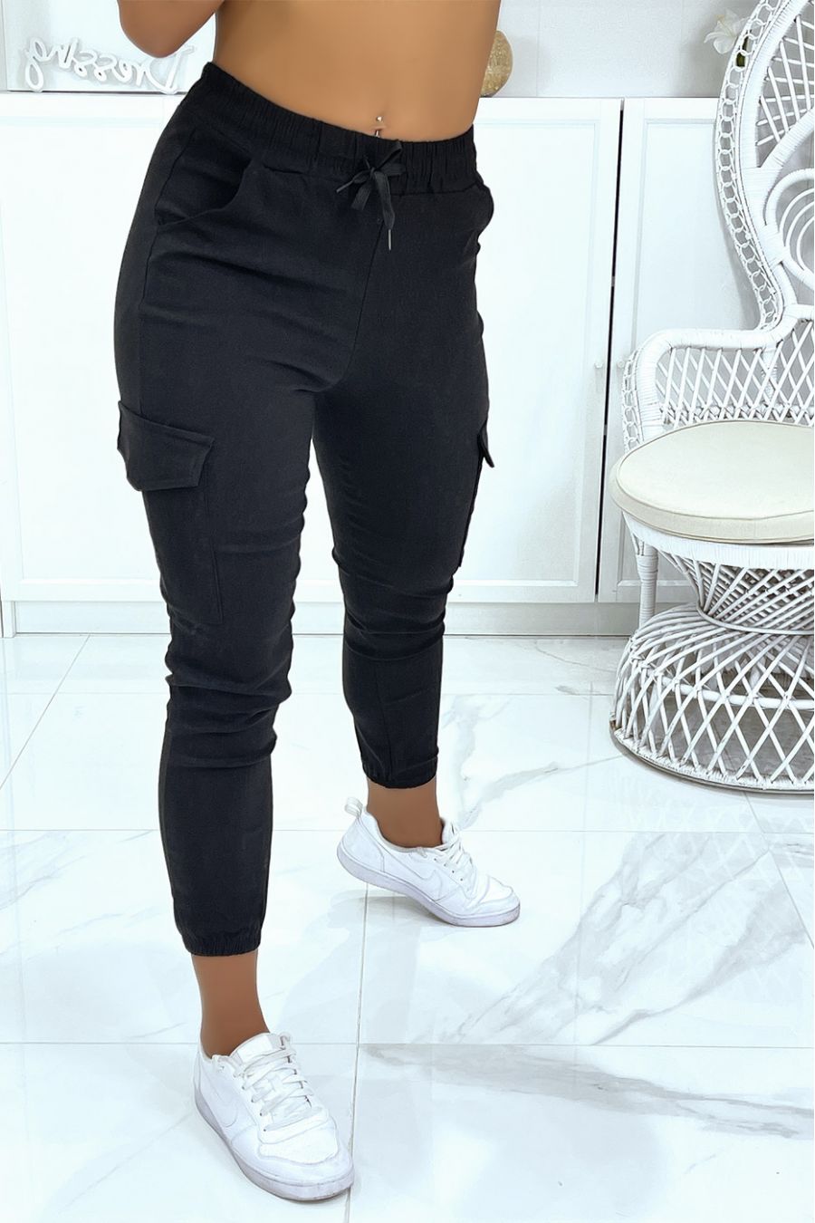 Pantalon cargo noir en stretch HL-478 - 5