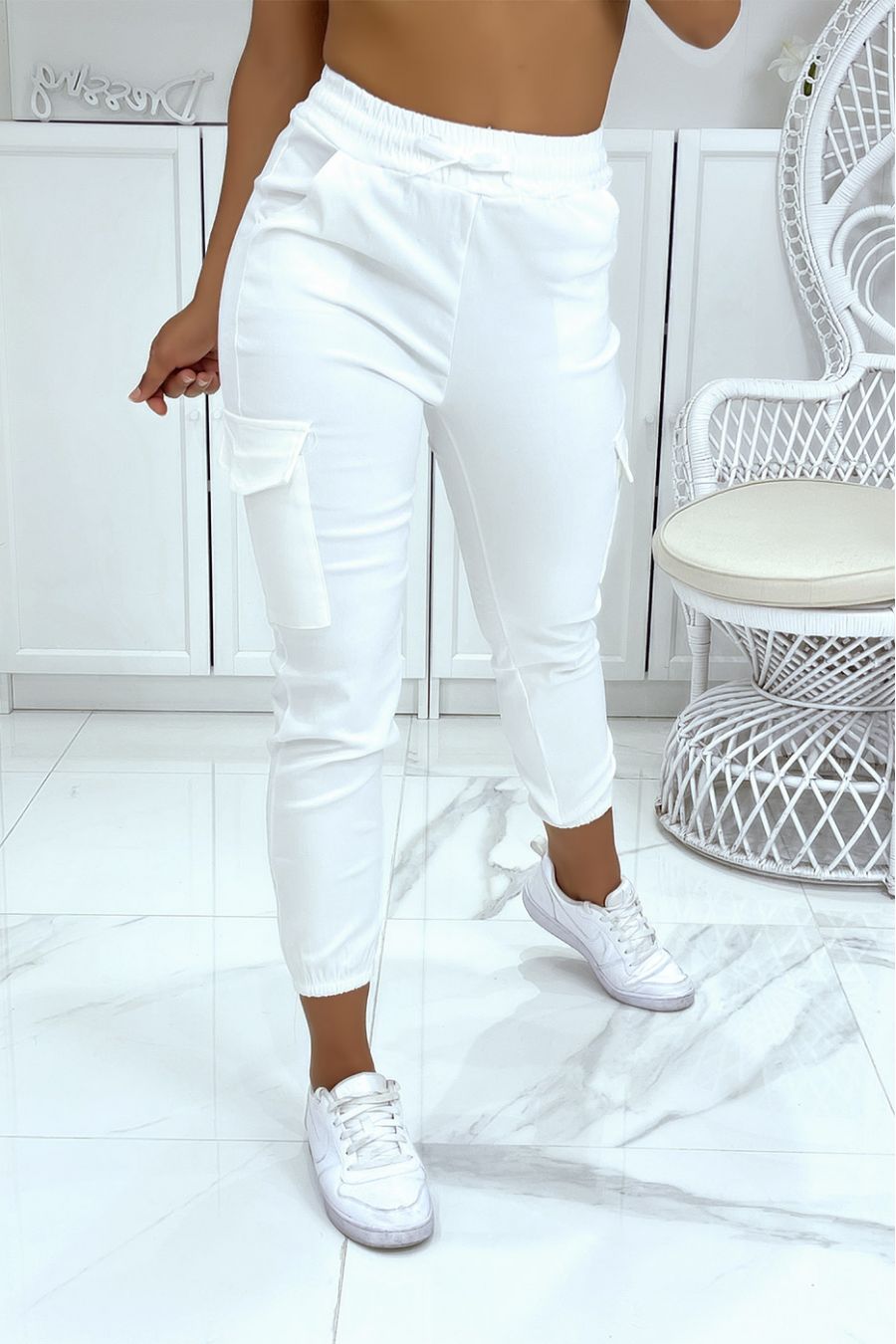 Pantalon cargo blanc en stretch HL-478 - 2