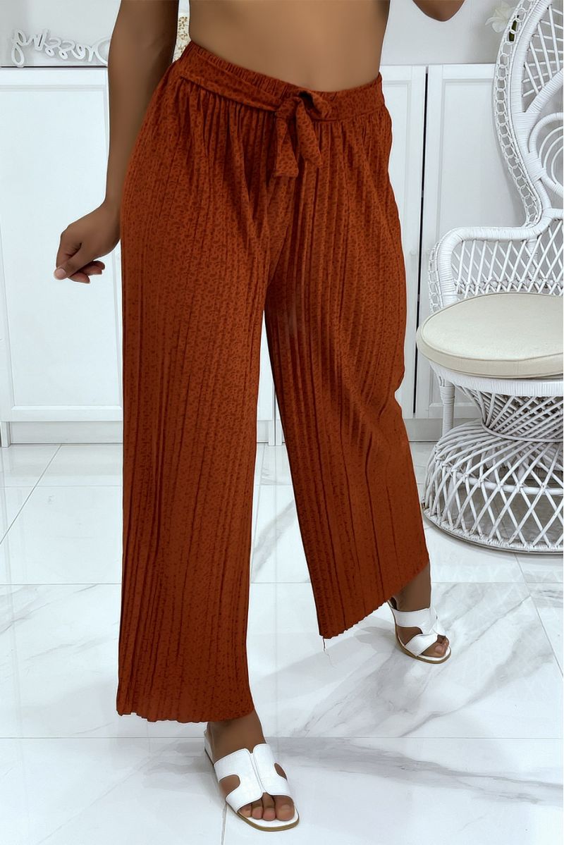 Cognac pleated palazzo pants with pretty pattern - 3