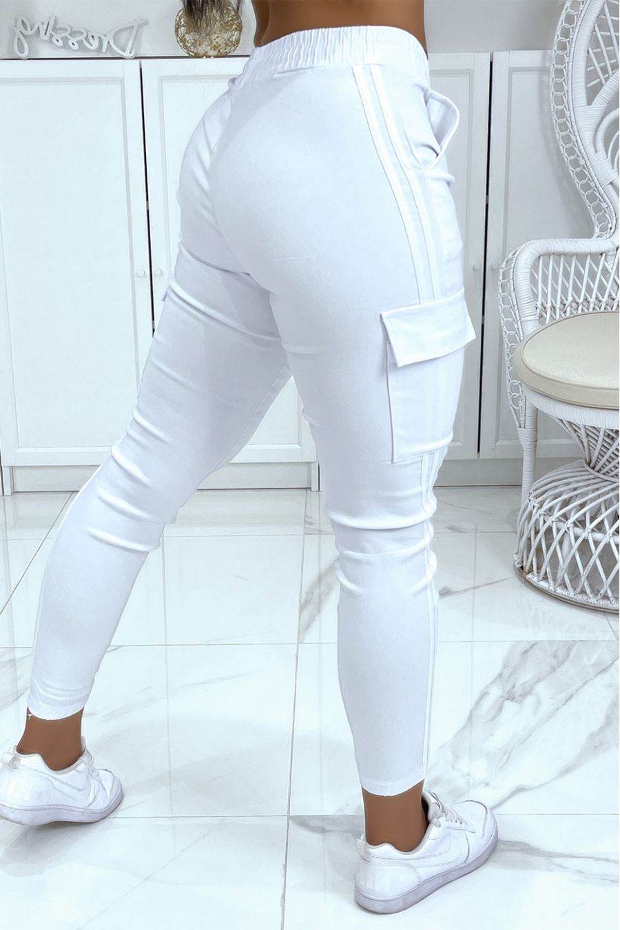 Jegging blanc à bandes blanches et poches - 4
