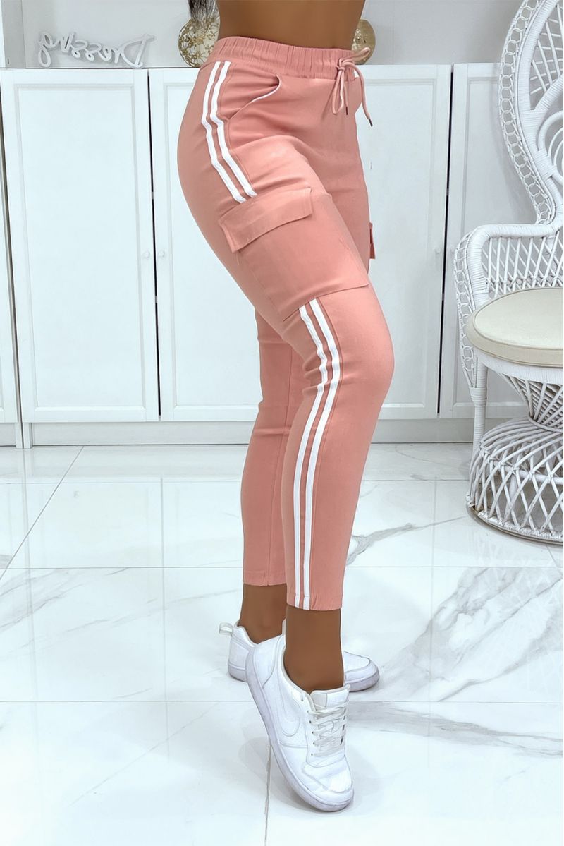 Pink jeggings with white stripes and pockets - 2