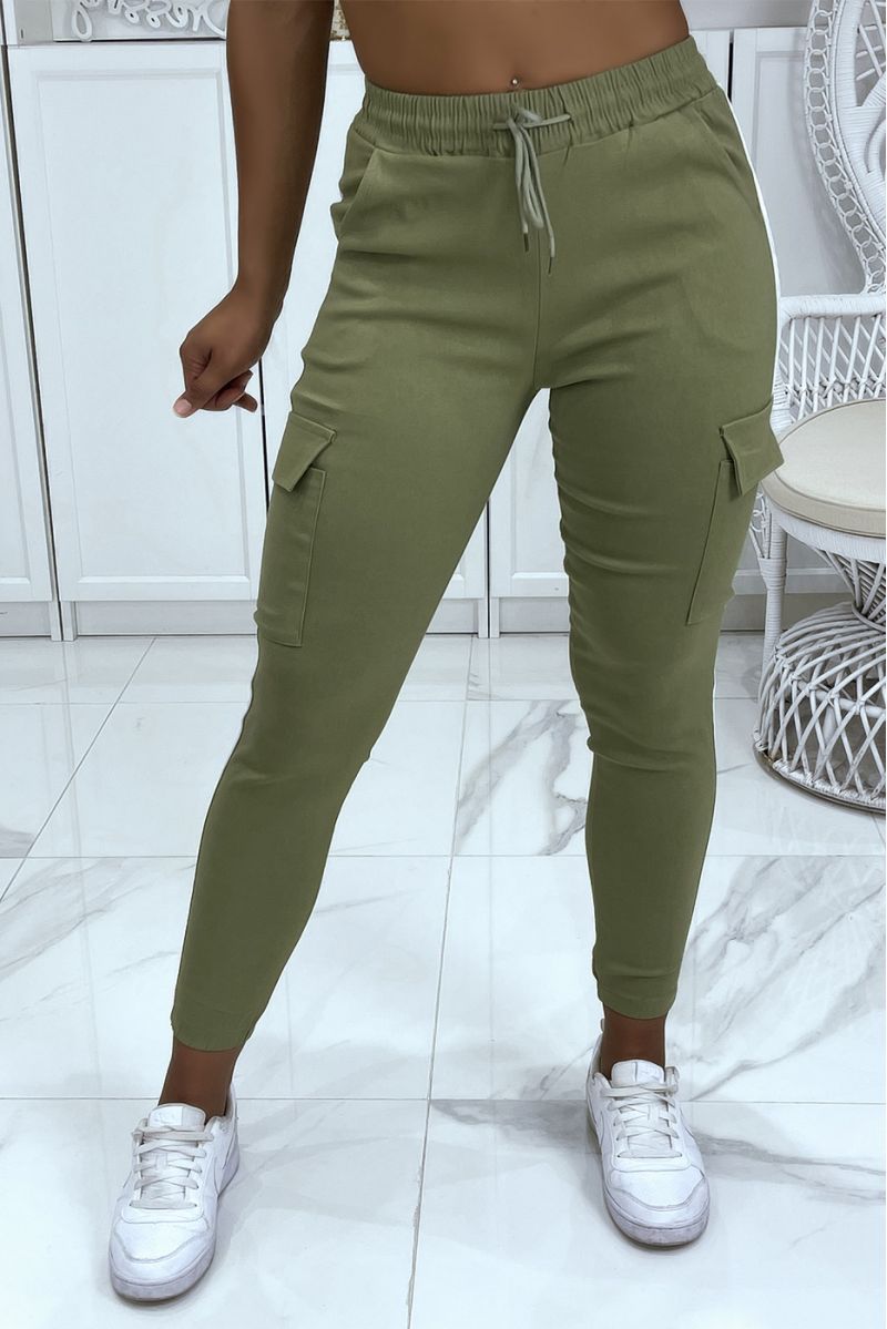 Green jeggings with white stripes and pockets - 1