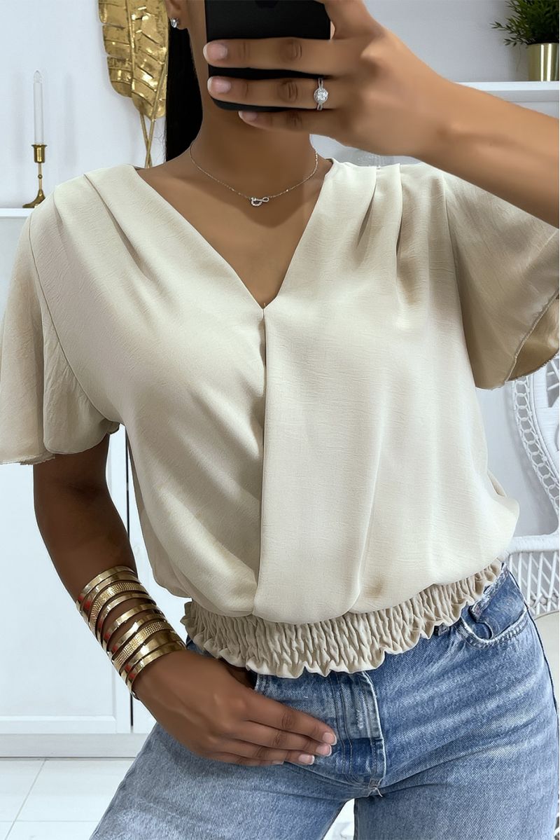 Flowing beige wrap top, fitted at the lower abdomen - 3