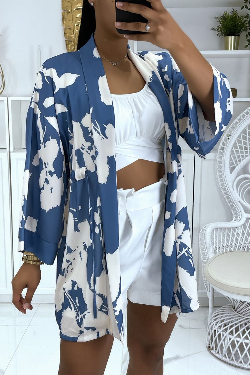 Blue kimono with pretty pattern adjustable at the waist - 1
