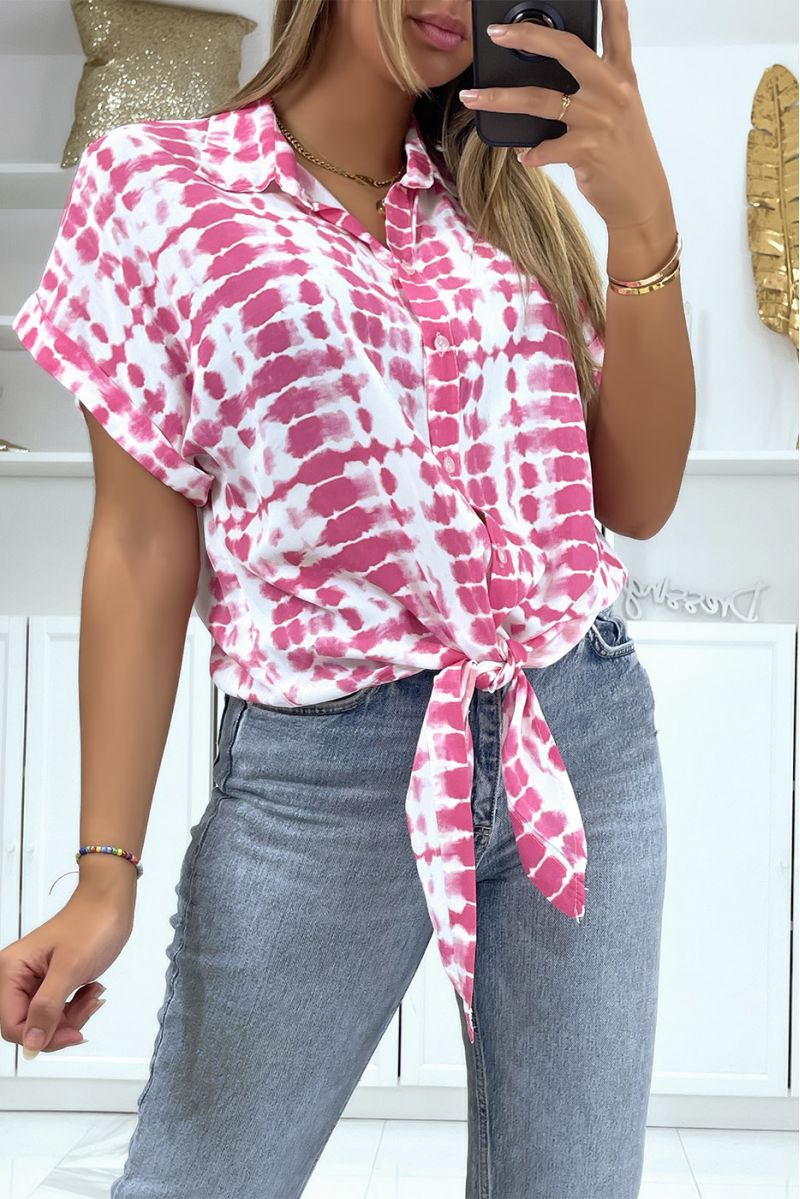 Short-sleeved pink pattern shirt with bow - 1
