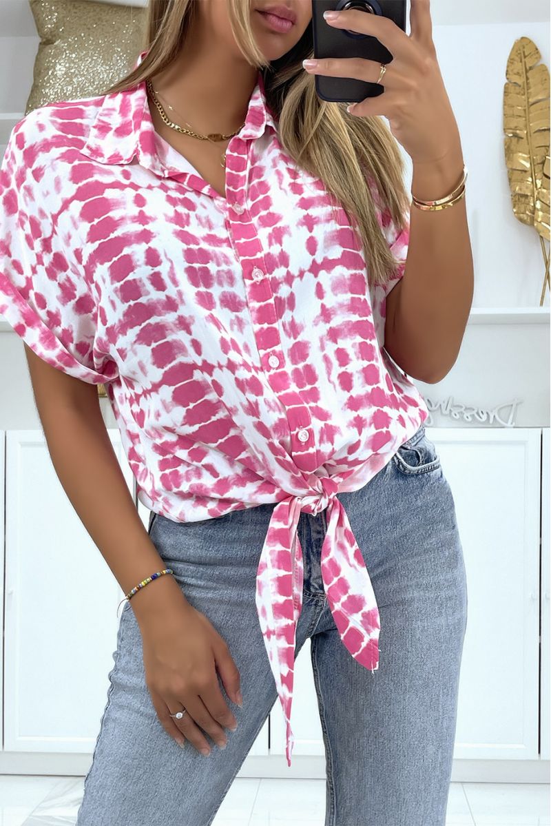 Short-sleeved pink pattern shirt with bow - 2