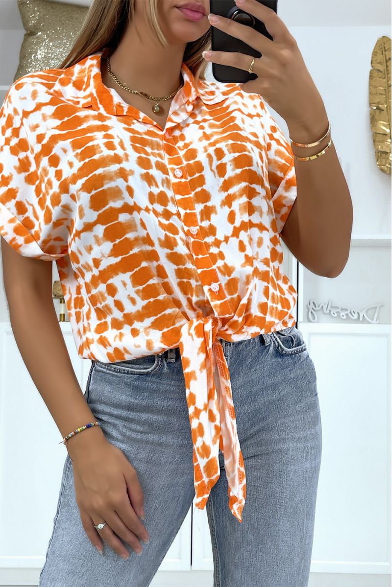 Short-sleeved orange pattern shirt with bow - 1