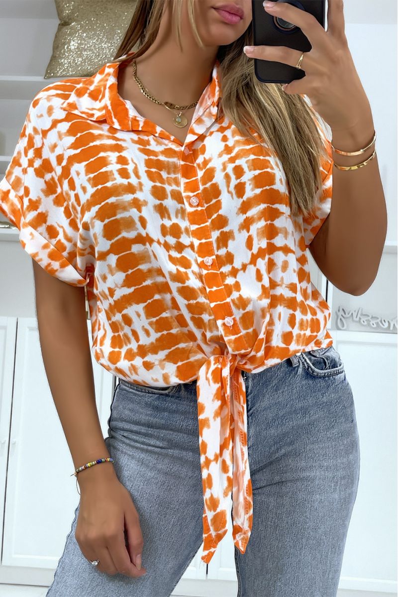Short-sleeved orange pattern shirt with bow - 2