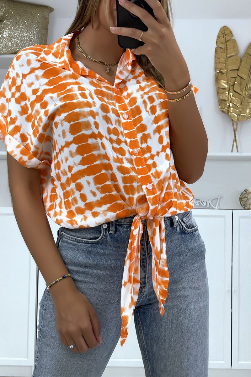 Short-sleeved orange pattern shirt with bow - 3
