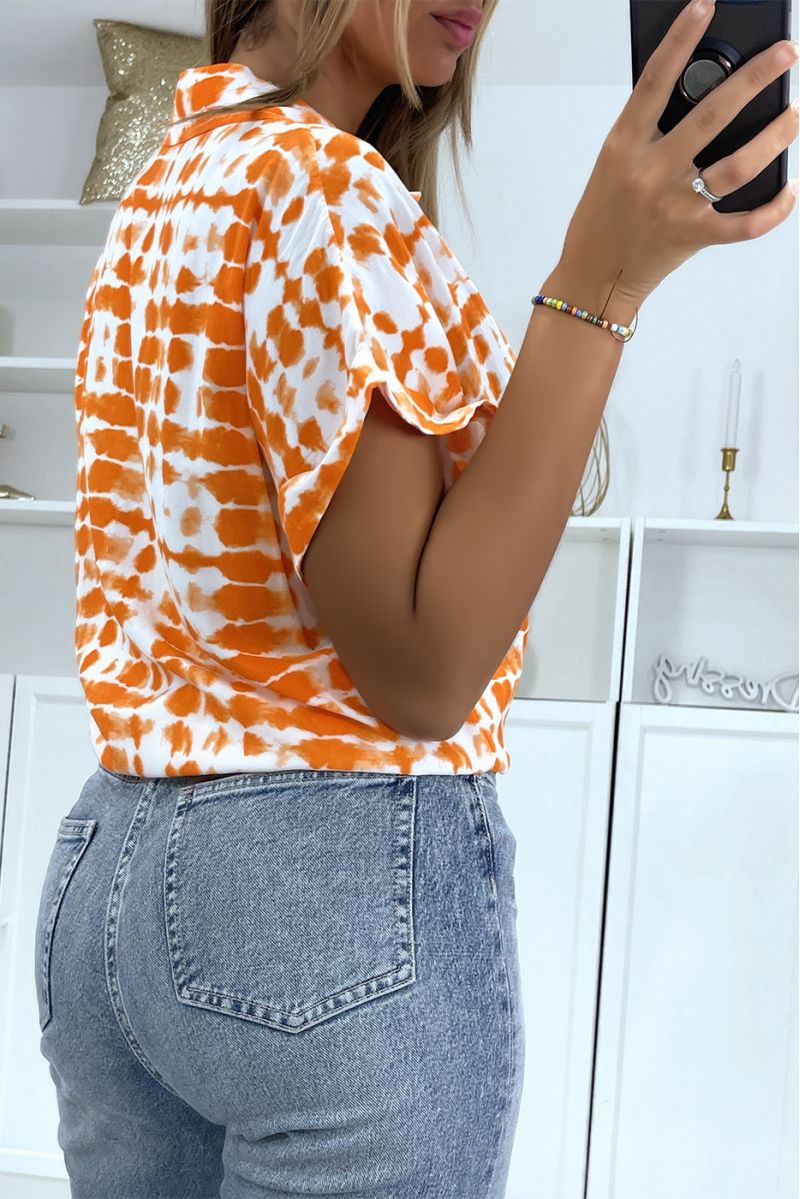 Short-sleeved orange pattern shirt with bow - 4