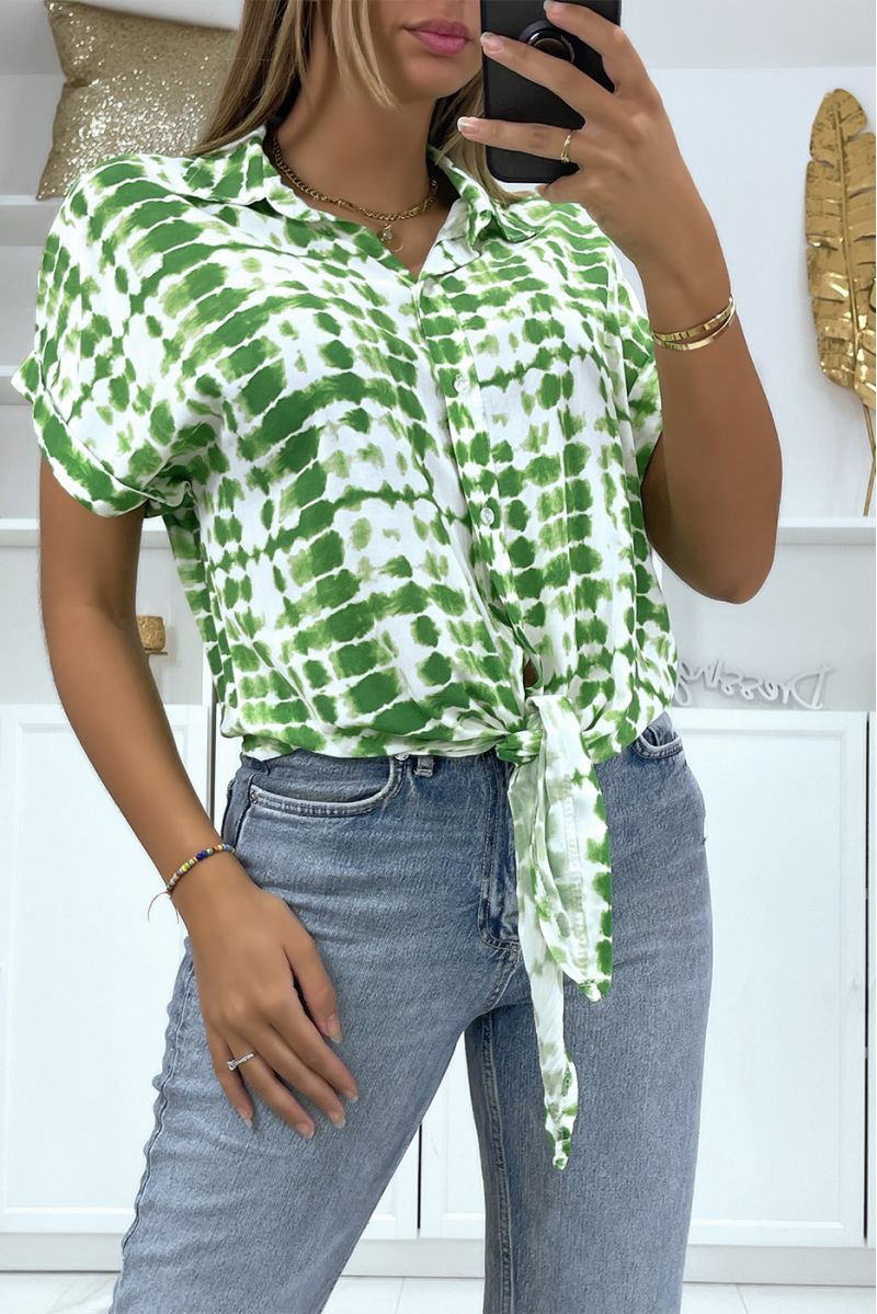Green patterned short-sleeved shirt with bow - 1