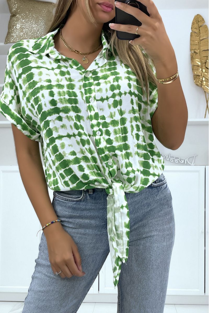 Chemise manches courts à motif vert avec noeud  - 2