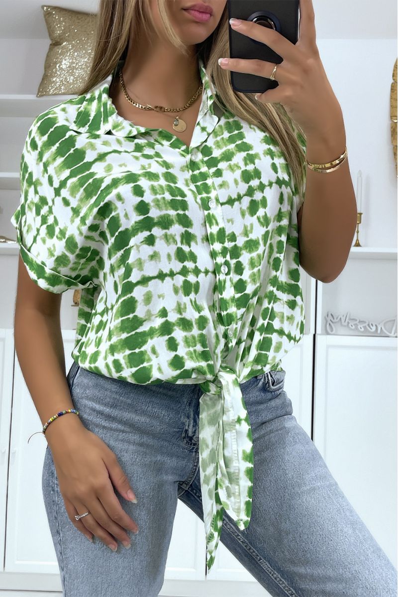Green patterned short-sleeved shirt with bow - 3