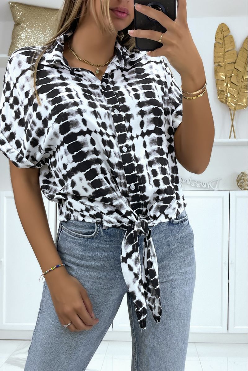 Short-sleeved black patterned shirt with bow - 2
