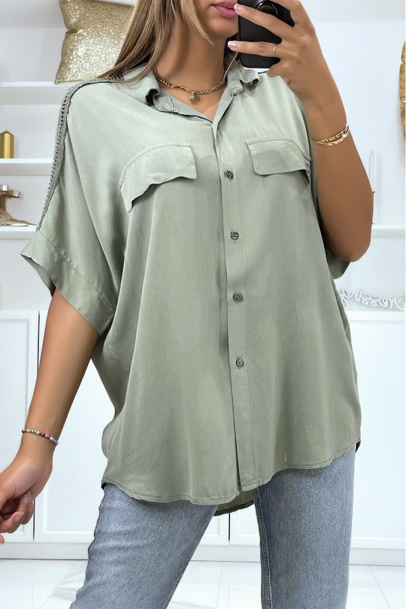 Oversized khaki shirt with embroidery on the shoulders - 1