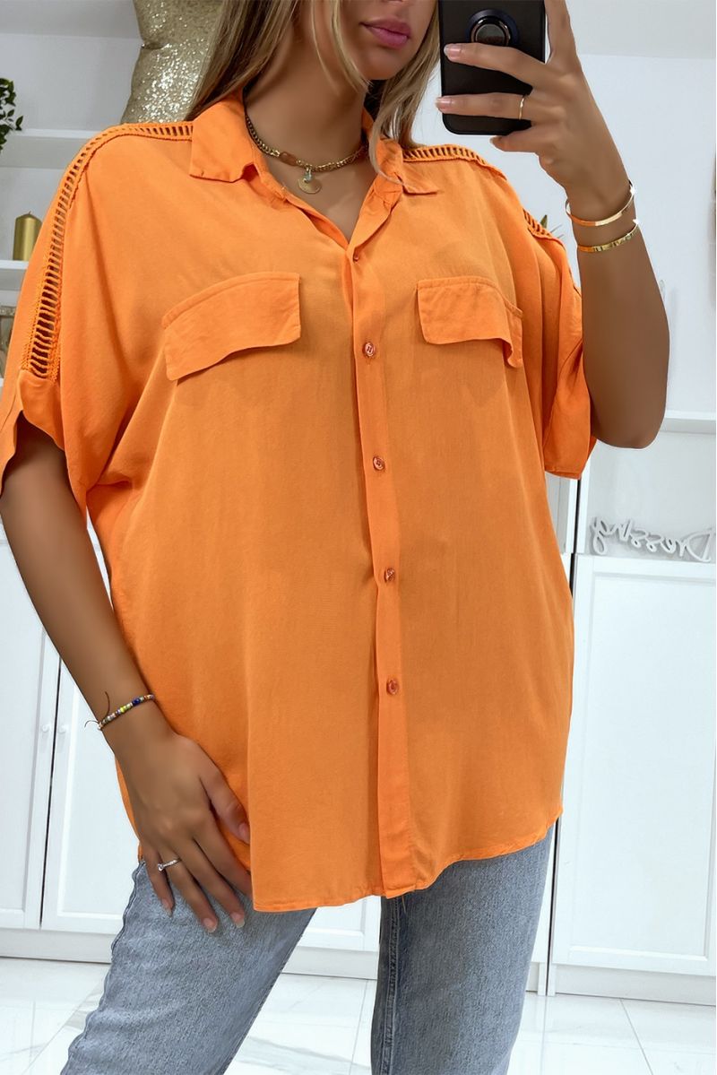 Chemise over size orange avec broderie aux épaules  - 1