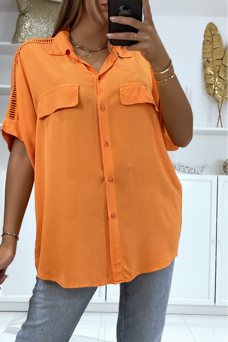 Oranje oversized overhemd met borduursel op de schouders - 2