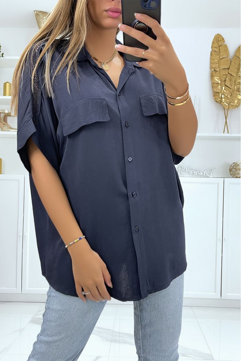 Oversized navy shirt with embroidery on the shoulders - 1
