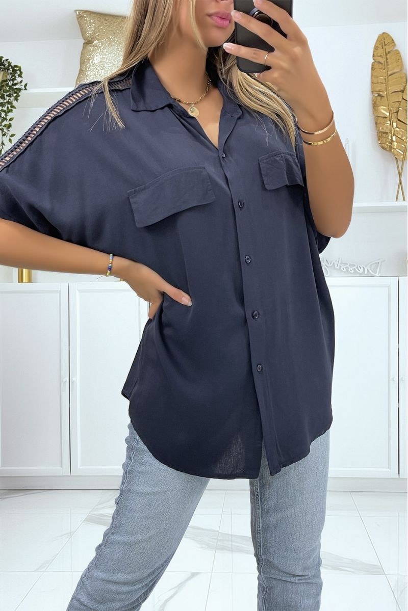 Oversized navy shirt with embroidery on the shoulders - 2