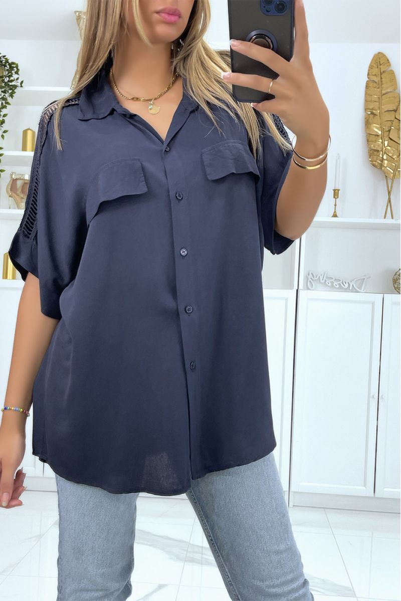 Oversized navy shirt with embroidery on the shoulders - 3