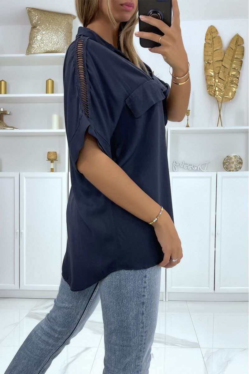 Oversized navy shirt with embroidery on the shoulders - 4