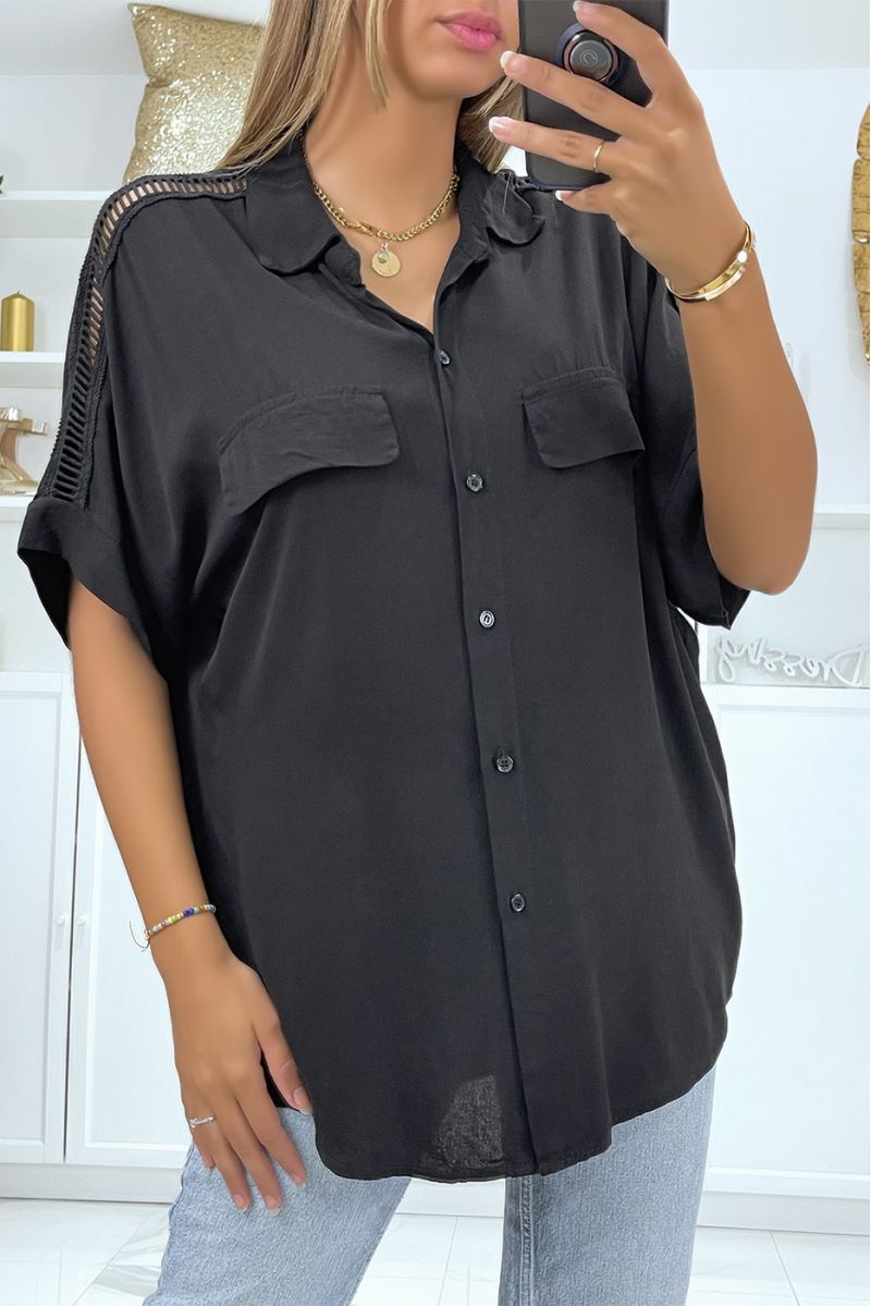 Black oversize shirt with embroidery on the shoulders - 1
