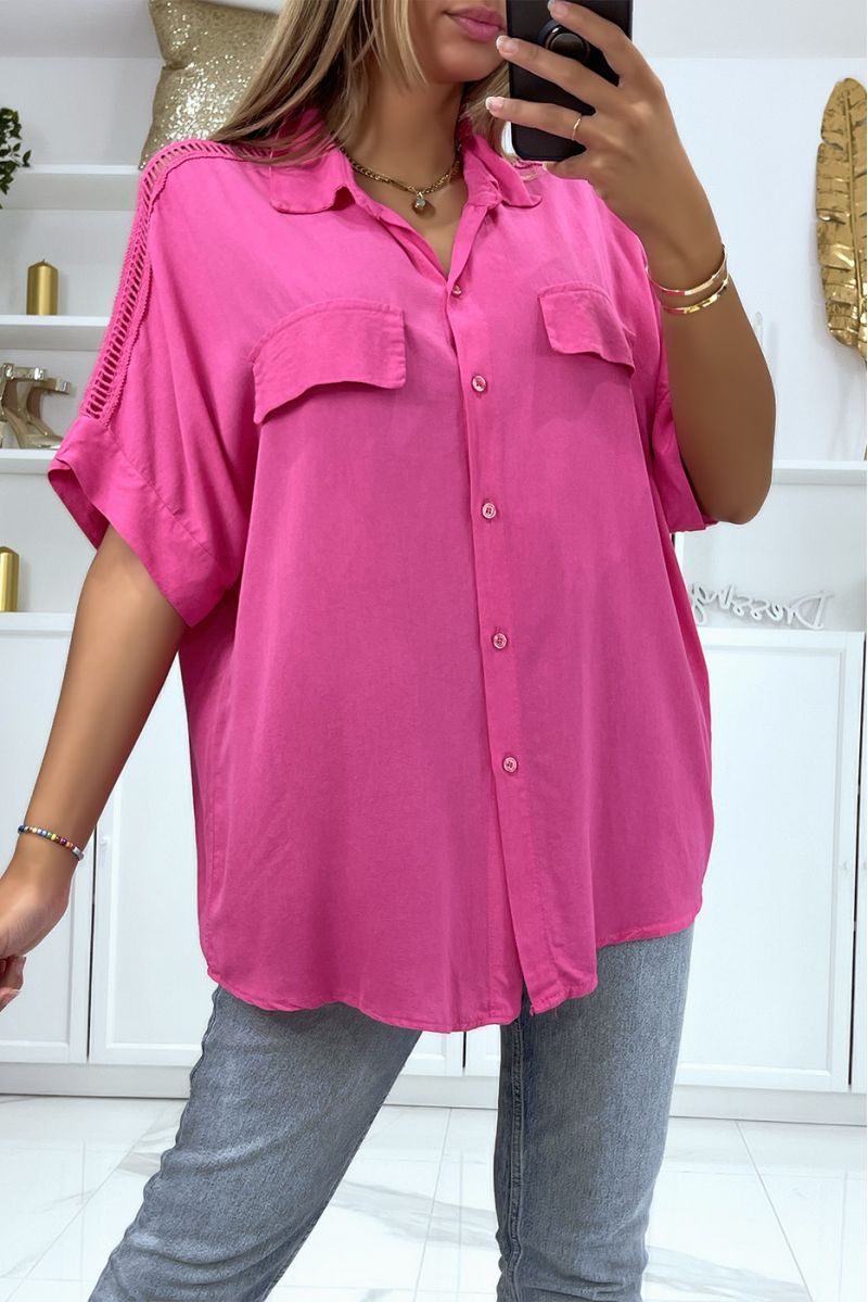 Oversized fuchsia shirt with embroidery on the shoulders - 1