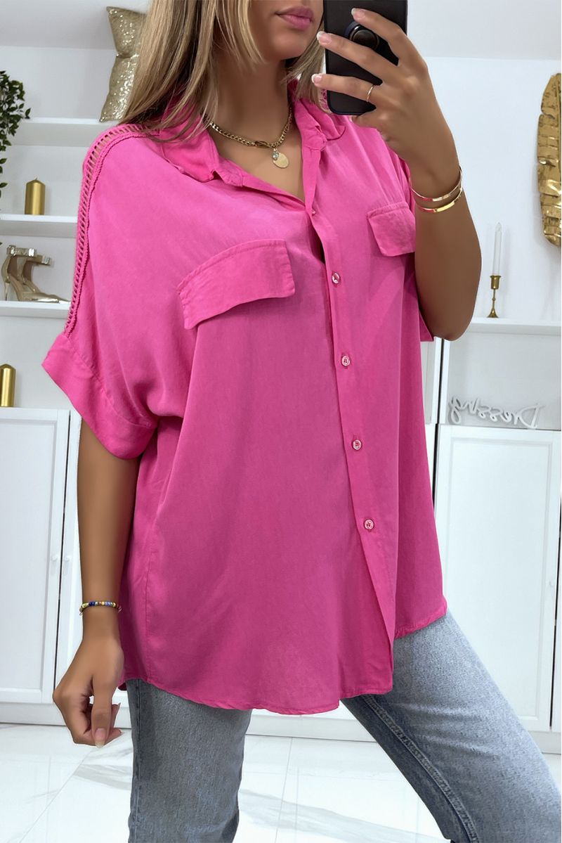 Oversized fuchsia shirt with embroidery on the shoulders - 2