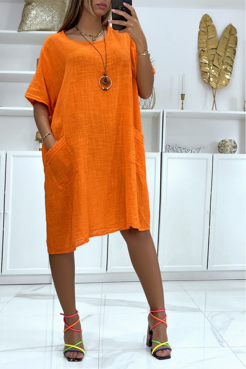 Oversized tuniekjurk in oranje katoen met zakken en ketting zeer comfortabel om te dragen - 2