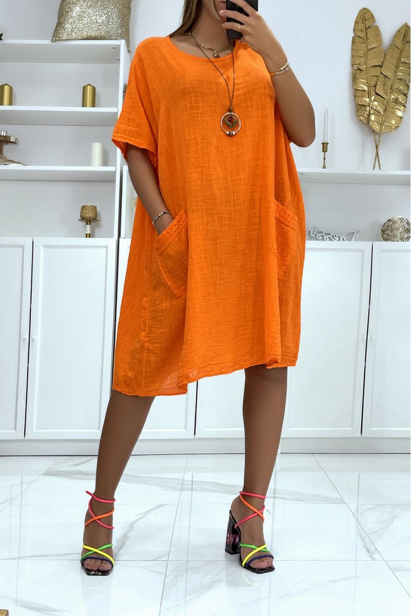 Oversized tuniekjurk in oranje katoen met zakken en ketting zeer comfortabel om te dragen - 3