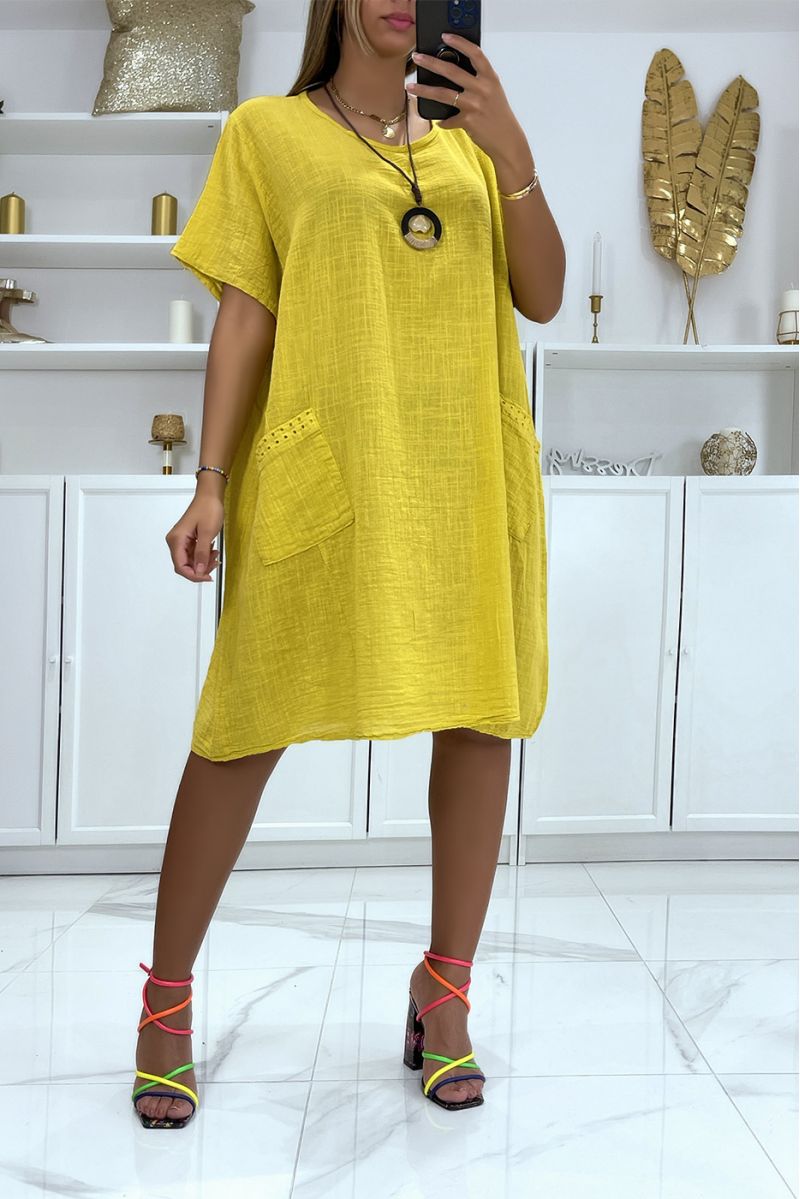 Oversize tunic dress in mustard cotton with pockets and necklace very comfortable to wear - 1