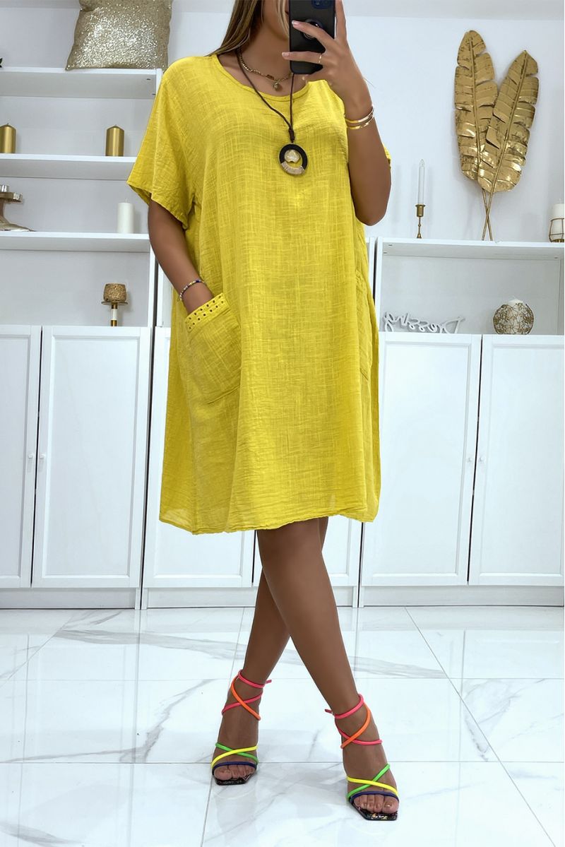 Oversize tunic dress in mustard cotton with pockets and necklace very comfortable to wear - 3