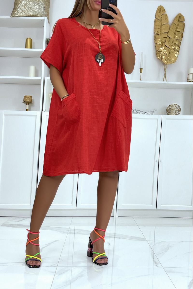 Oversized tuniekjurk in rood katoen met zakken en ketting zeer comfortabel om te dragen - 1