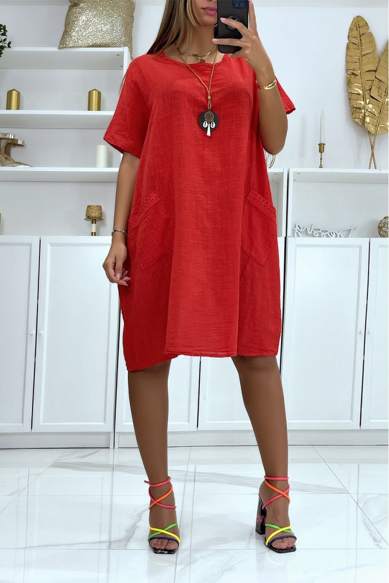 Oversized tuniekjurk in rood katoen met zakken en ketting zeer comfortabel om te dragen - 2