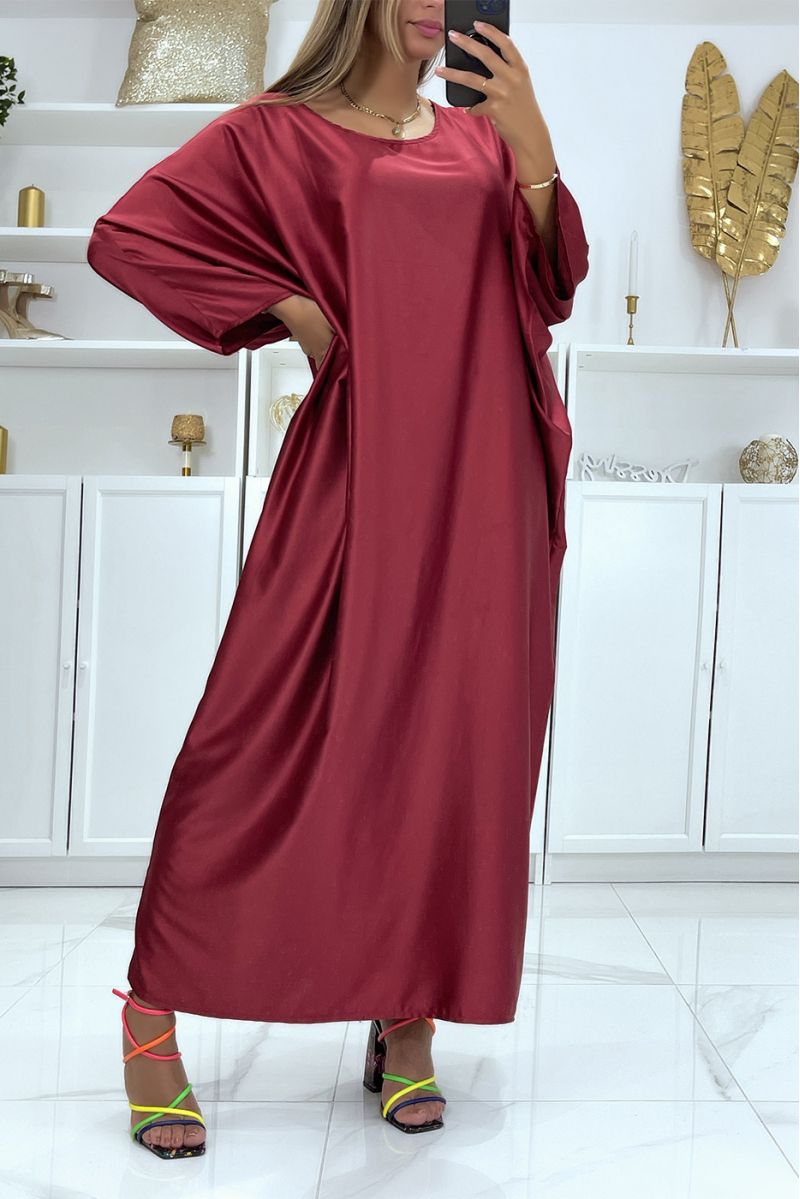 Longue robe abaya over size satiné bordeaux  - 2