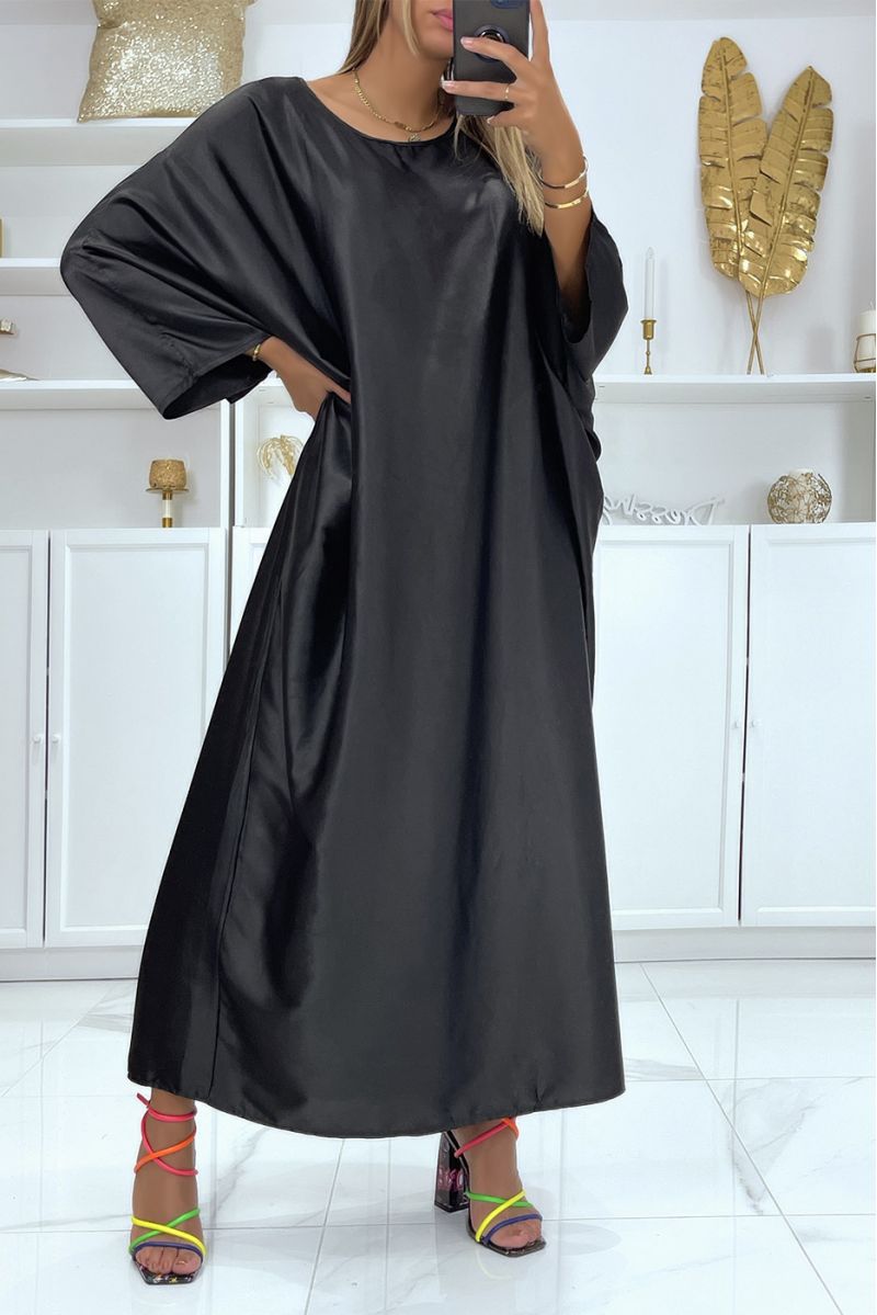 Lange zwarte satijnen oversized abaya jurk - 3