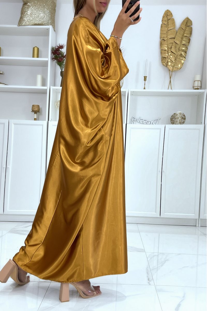 Longue robe abaya over size satiné moutarde  - 3