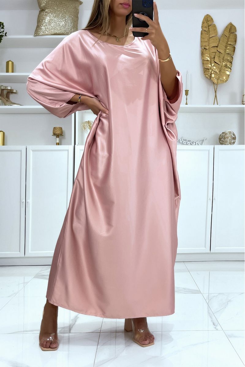 Longue robe abaya over size satiné rose  - 3