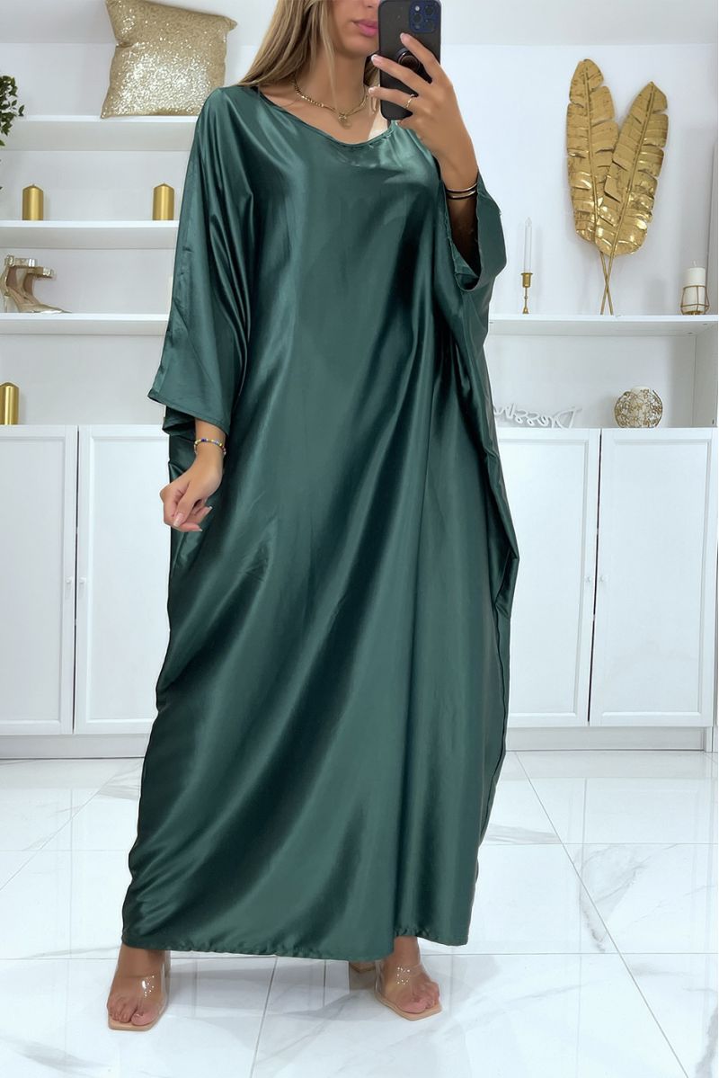 Longue robe abaya over size satiné vert sapin  - 1