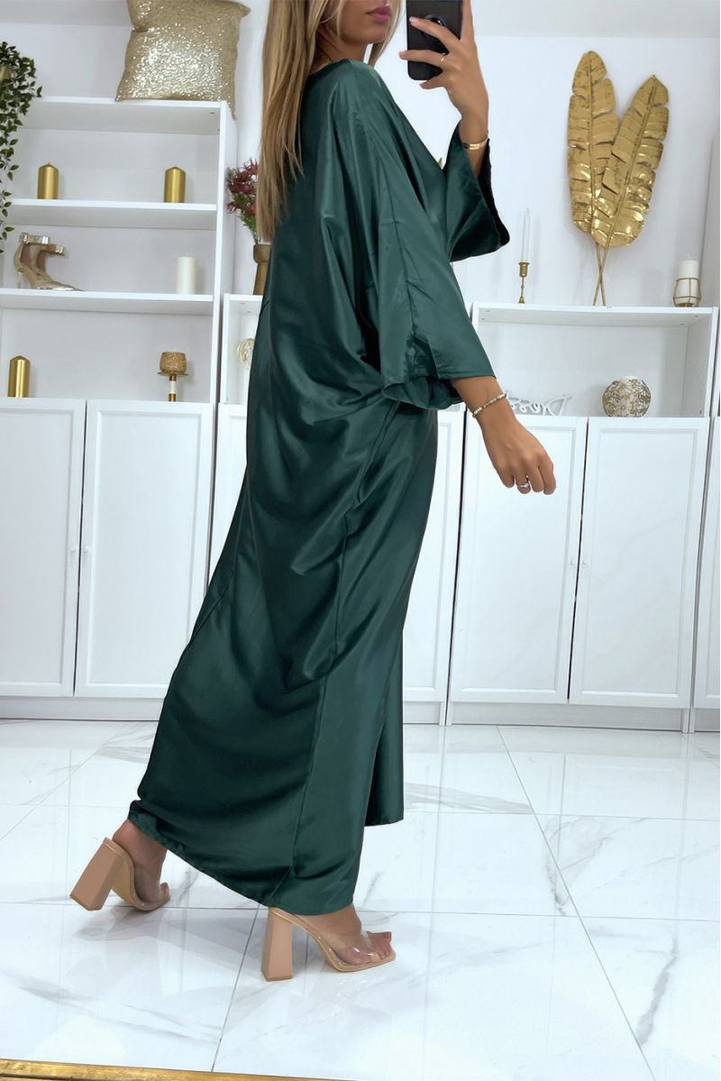 Longue robe abaya over size satiné vert sapin  - 3