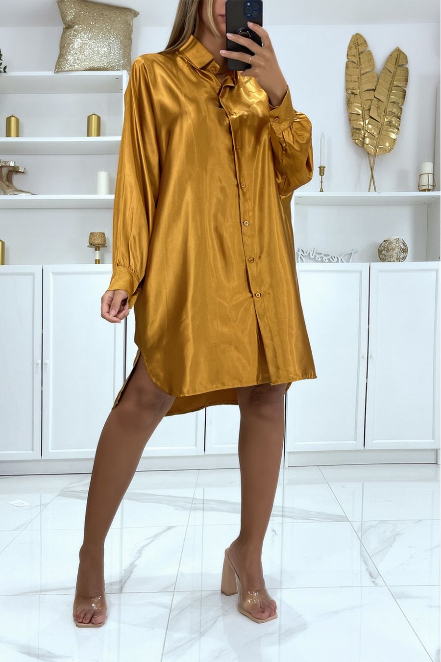 Oversized gold satin shirt dress with batwing sleeves - 1