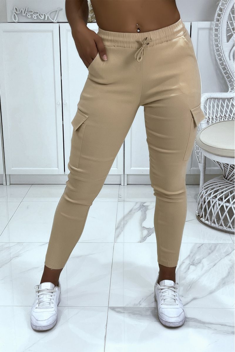 Beige jeggings with white stripes and pockets - 1
