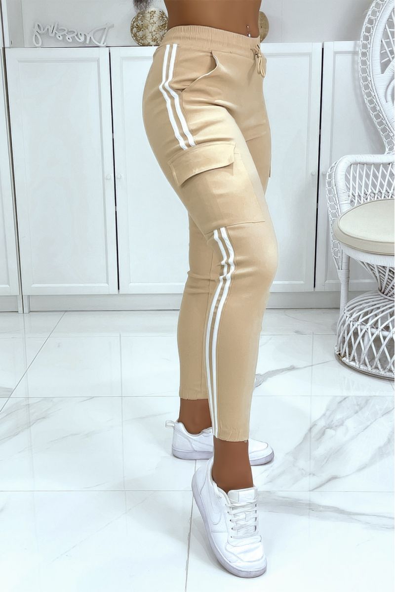 Beige jeggings with white stripes and pockets - 2