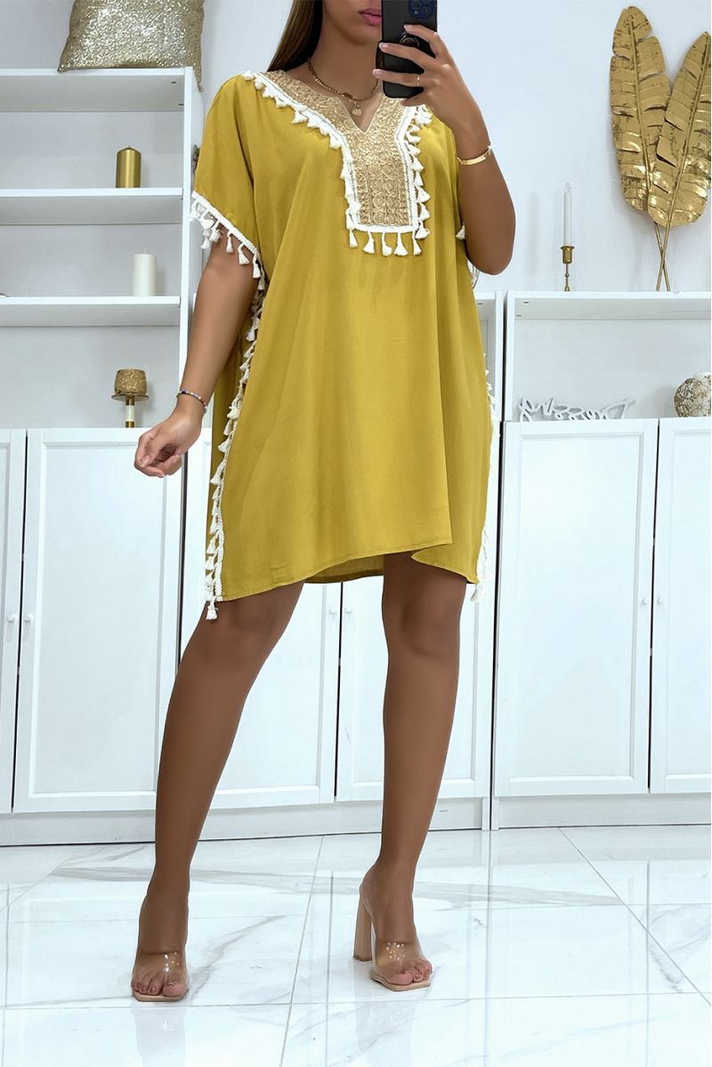 Mustard tunic with oriental accessory on the collar - 1