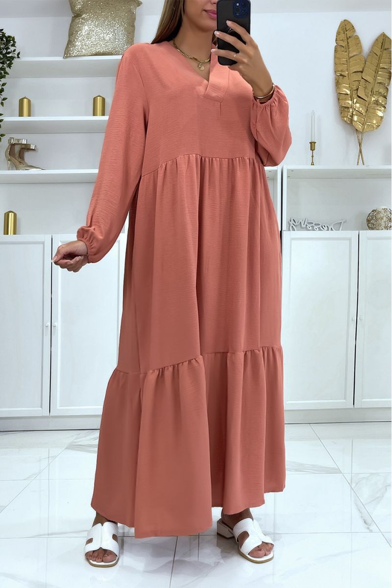 Long oversize pink V-neck dress with flounce - 1