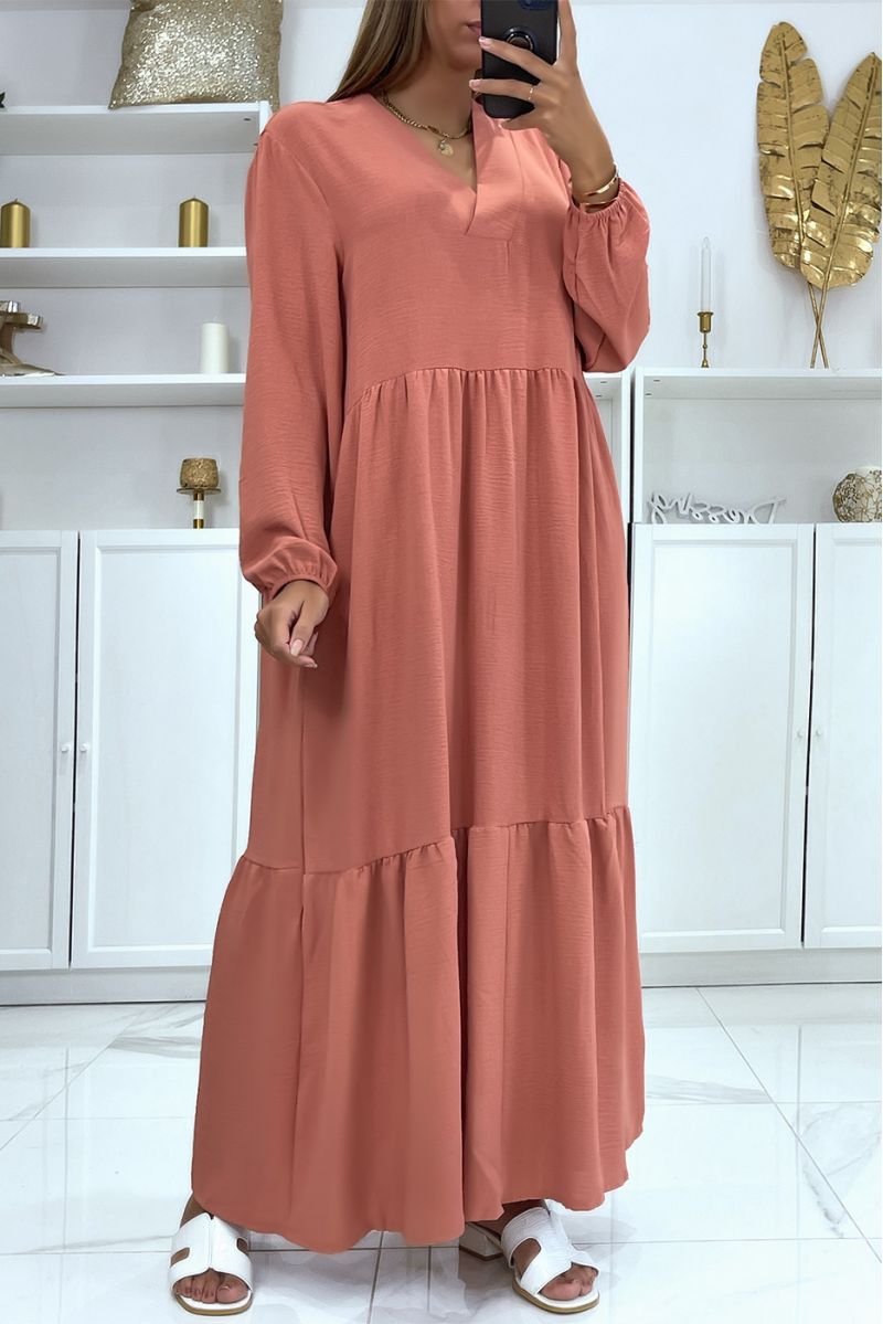 Long oversize pink V-neck dress with flounce - 2